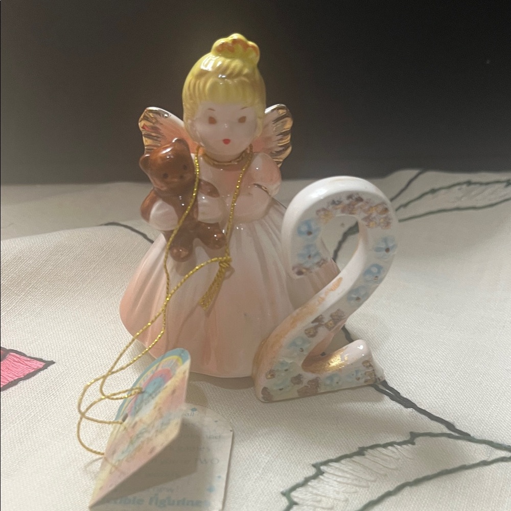 Angel Figurine with Teddy Bear and Number 2 no damage vintage with tag